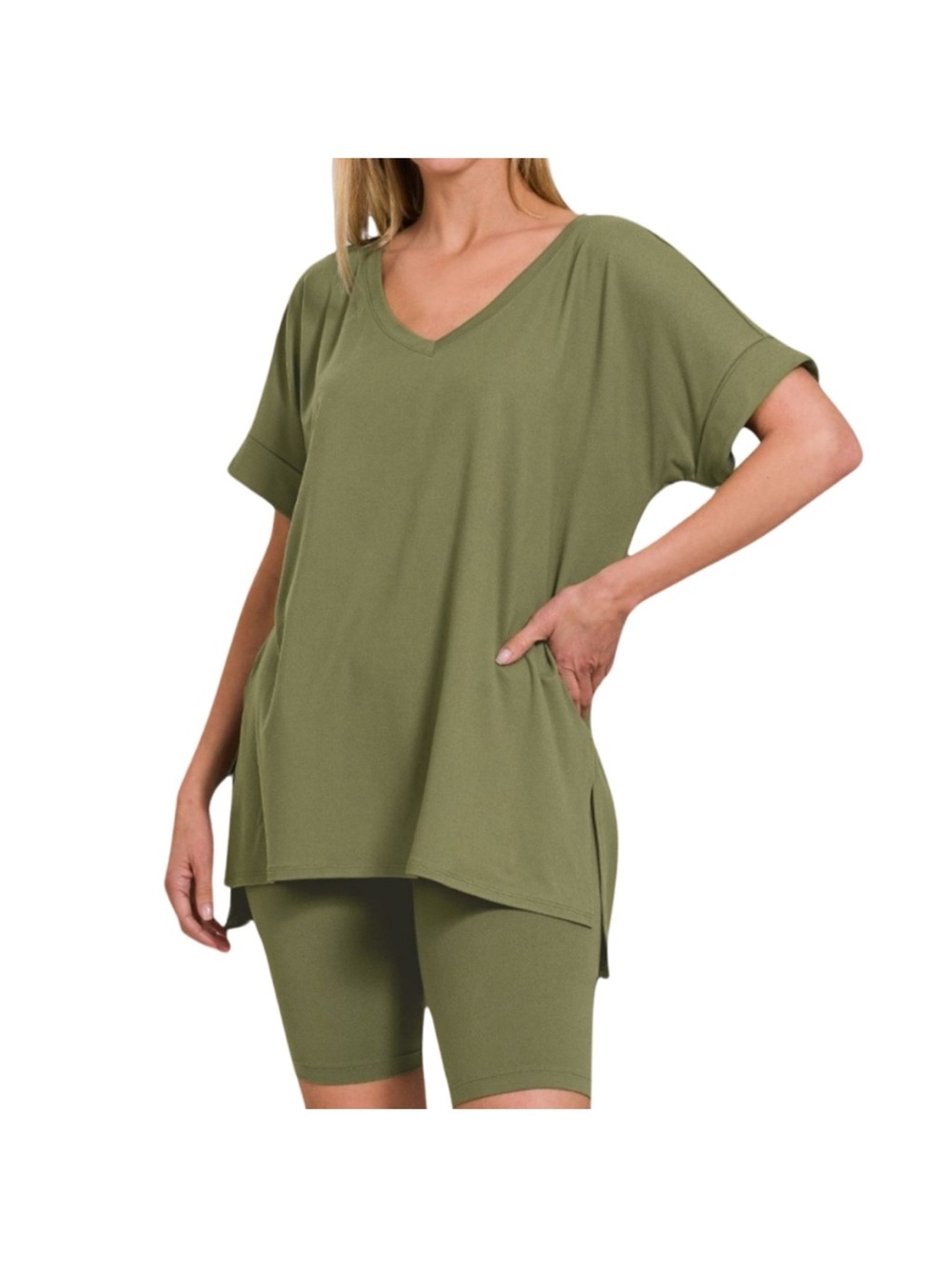 Olive Green V-Neck Oversized Tunic & Biker Short Set